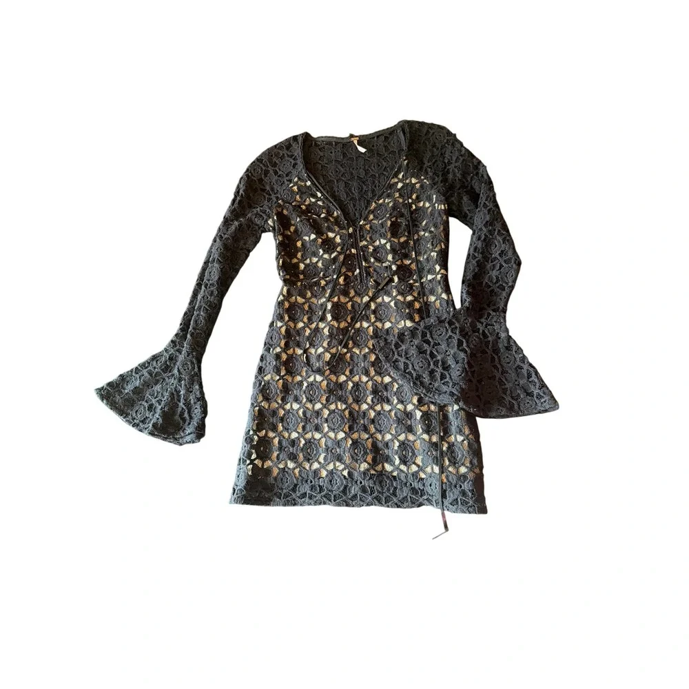 Free People Lace Mini Dress Black Bell Sleeve Boho Lace-Up Front Floral Crochet
